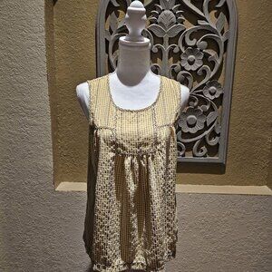 Max Studio Butter Yellow Gingham Baby doll Top S Embroidered Vintage Boho Tunic
